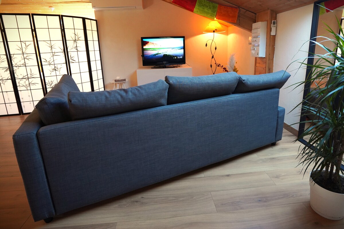 Salon du gîte Belle-étoile — canapé bleu, TV et paravent japonais