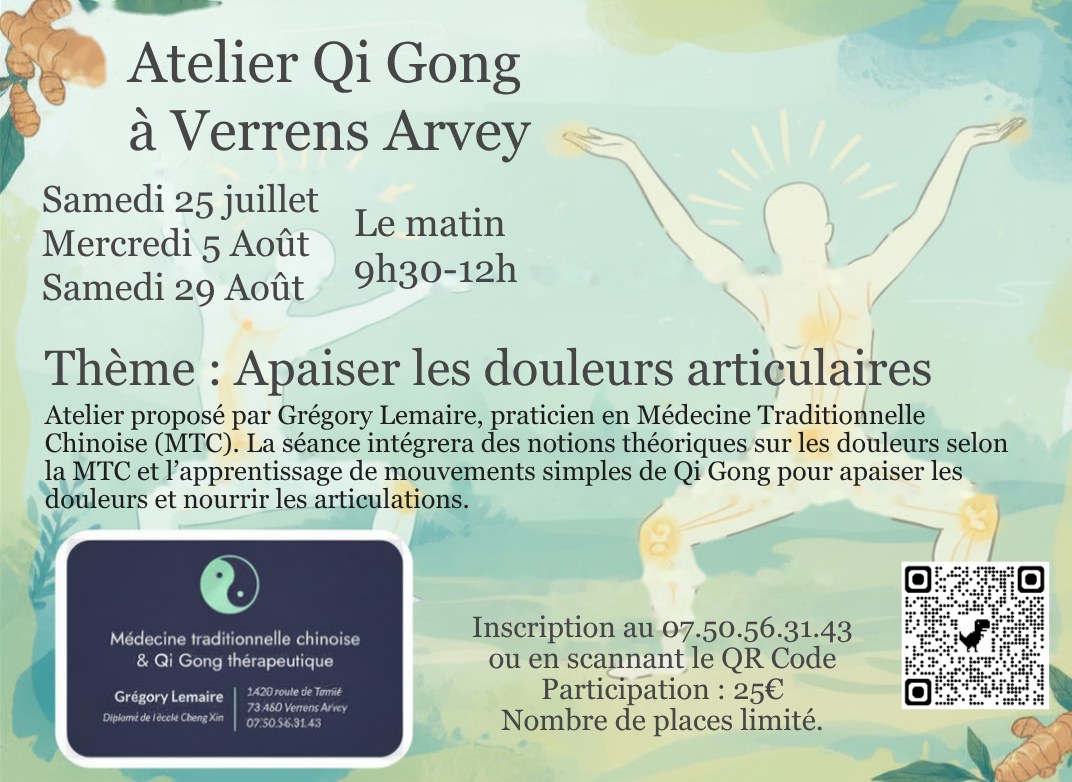 Flyer de l'atelier Qi Gong à Verrens-Arvey — apaiser les douleurs articulaires